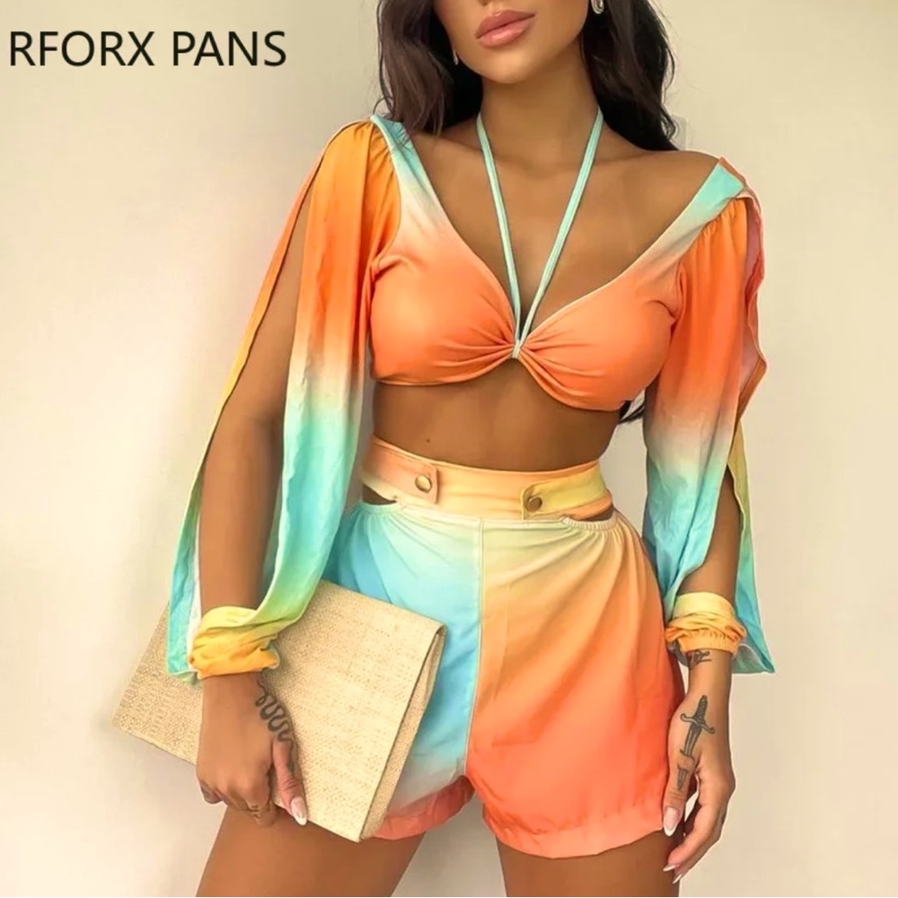 Women Chic Crop Top Gradient Long Asymmetrical Sleeves Mini Sexy Sweat Short Set